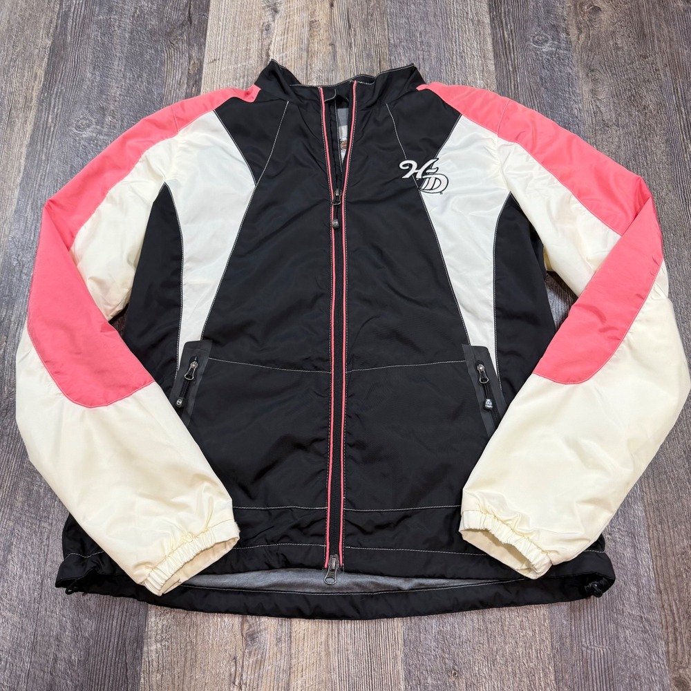 Harley-Davidson Windbreaker Jacket Womens Large Black Pink Colorblock Moto Zip